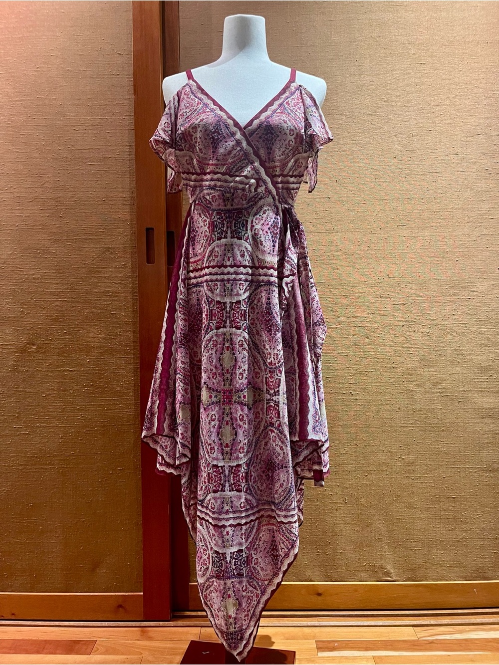 BCBGMaxAzria Asymmetrical Paisley Wrap Dress in Rose and Cream